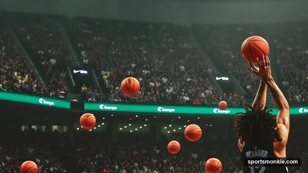 A basketball player releasing a three-point shot from beyond the arc
