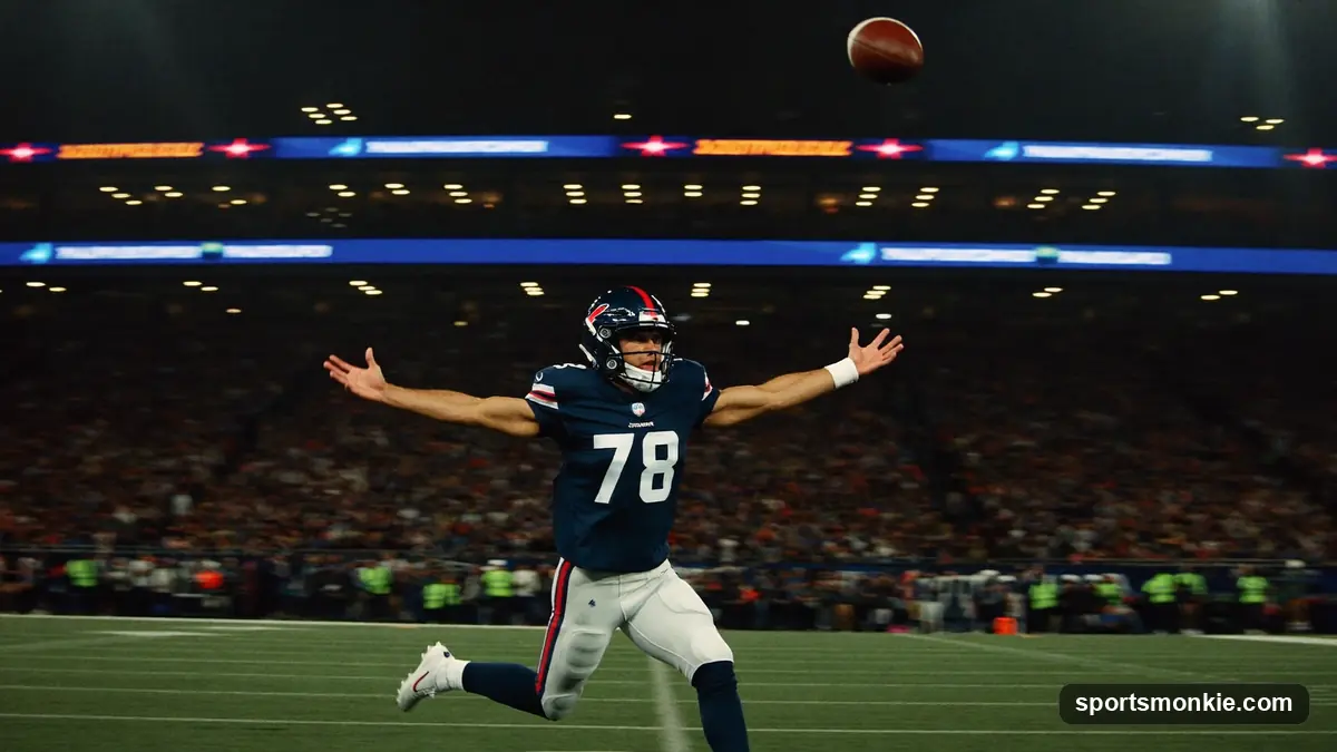 American football crossing the goal line for a touchdown under stadium lights