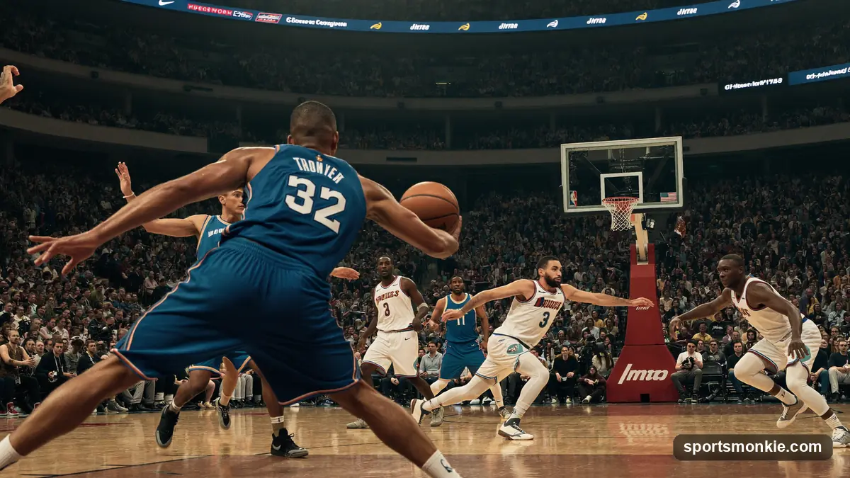 Basketball player driving to the hoop as defenders converge
