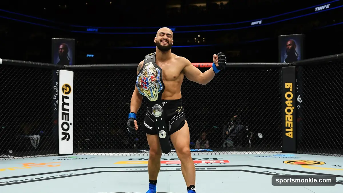 Two mixed martial artists facing off inside the UFC octagon before a title fight