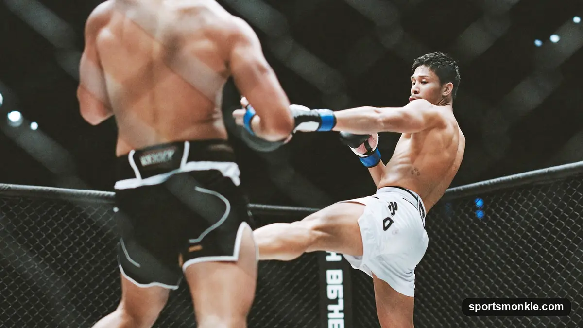 UFC octagon cage under arena lights with a fighter's gloves raised