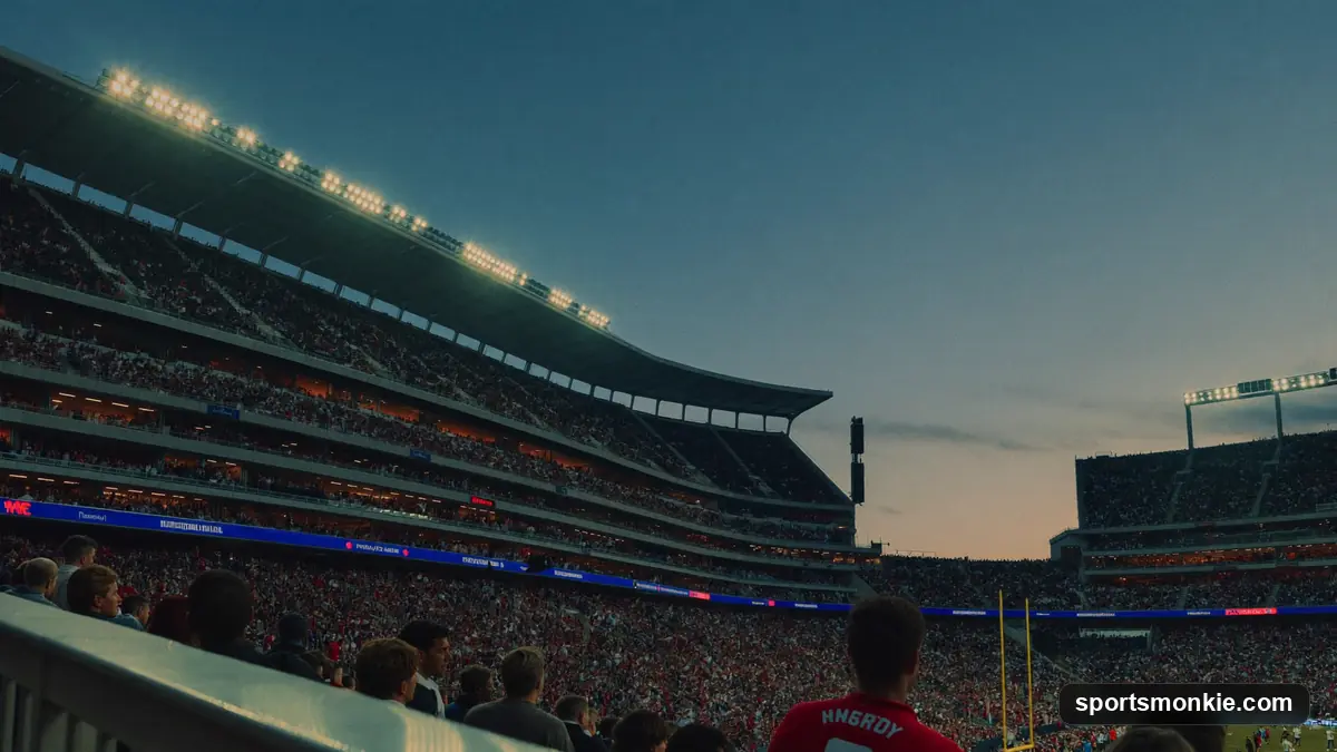 A packed NFL stadium at night with a glowing scoreboard above the field