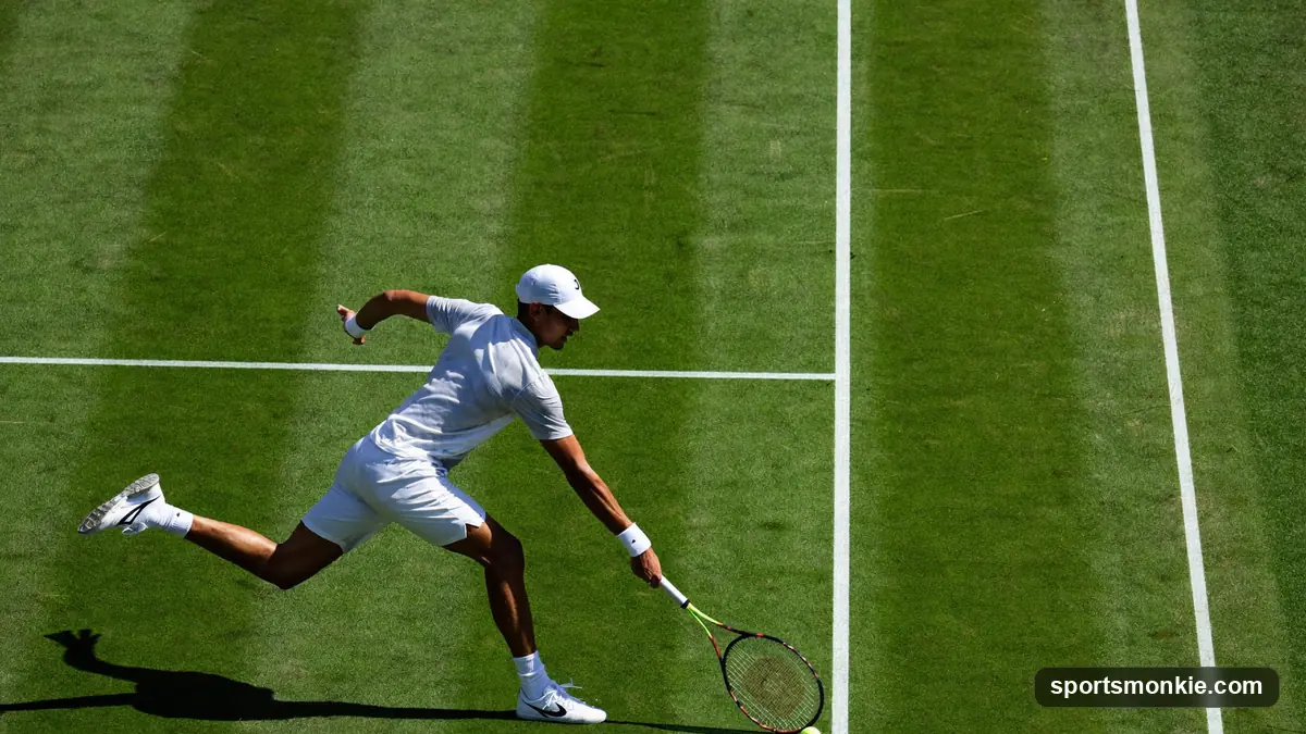 Tennis ball on the grass baseline of a Wimbledon-style court