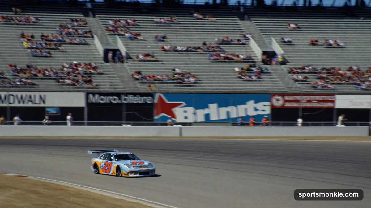 Stock cars racing side by side around a NASCAR oval speedway