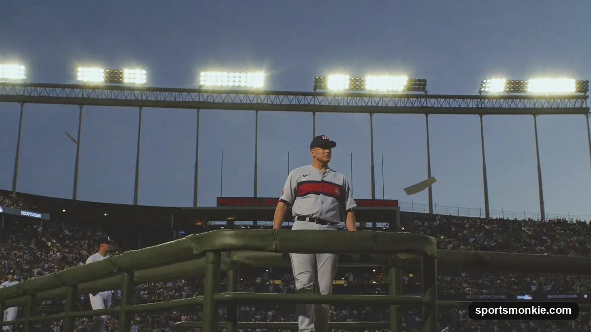 Baseball manager watching from the dugout steps during a Major League game