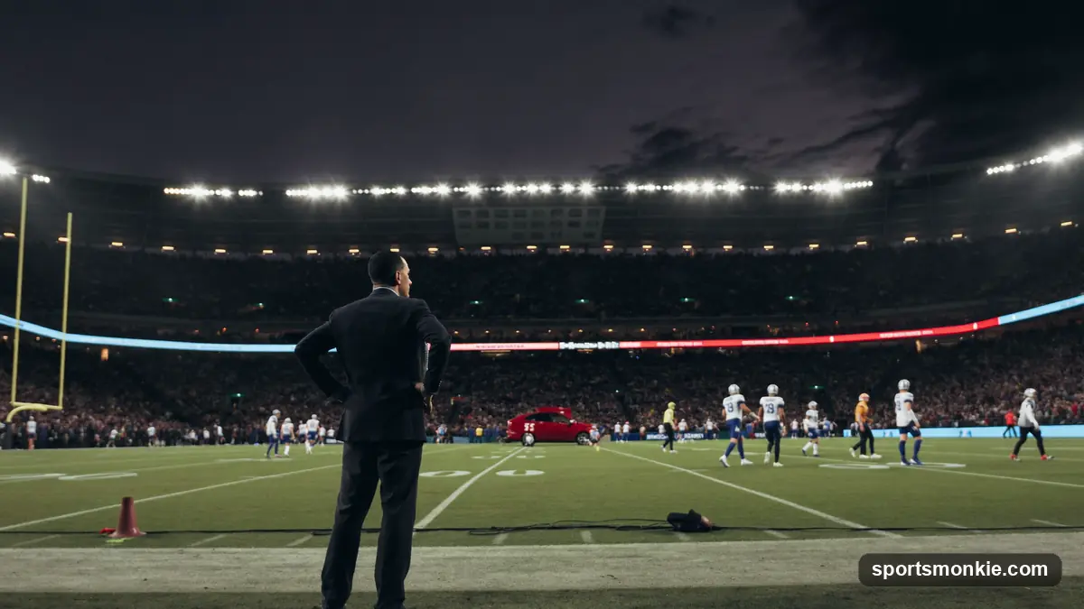 Empty NFL sideline with a headset and coaching chart under stadium lights