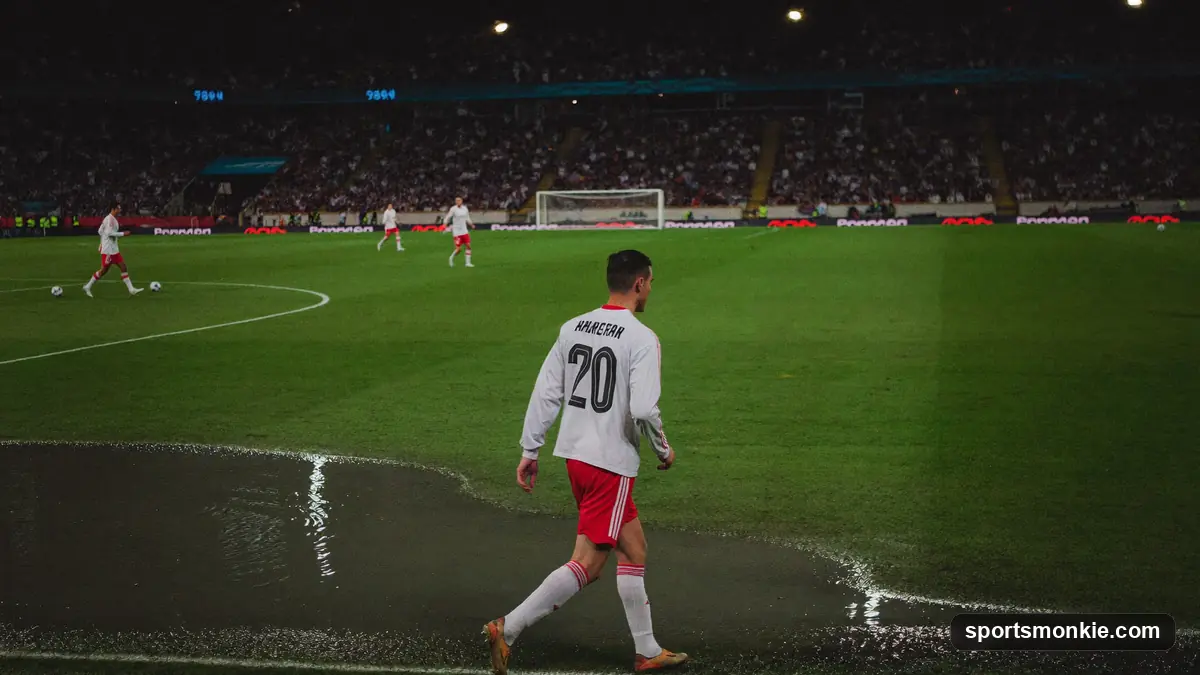 Soccer player in a national team jersey walking out at a packed World Cup stadium