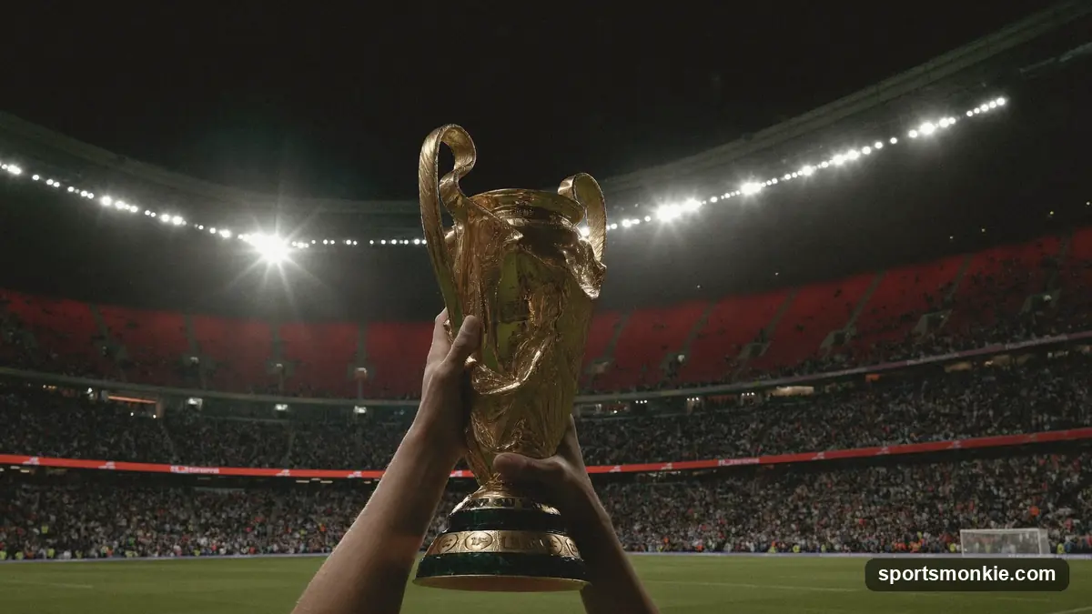 Golden football trophy on a plinth with national flags blurred in the background