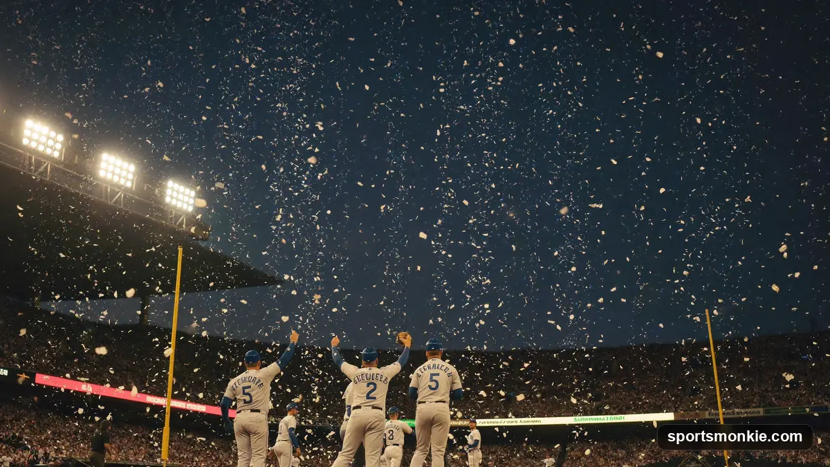 Baseball and championship trophy on a stadium infield under bright lights