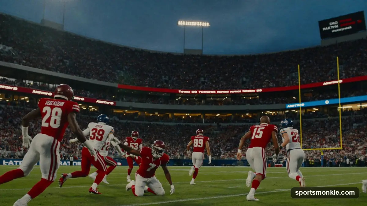 An NFL offense breaking a long run past defenders under stadium lights