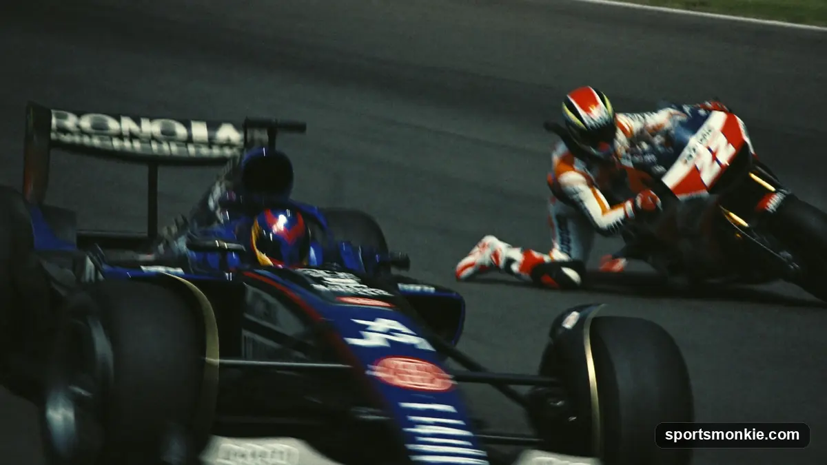 Side-by-side of a MotoGP motorcycle and a Formula 1 car on track