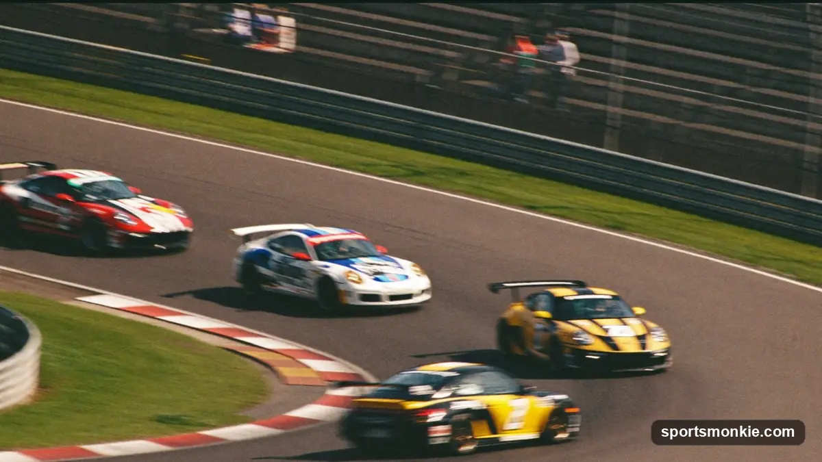 A flagman waving the checkered flag over the start/finish line at a NASCAR race