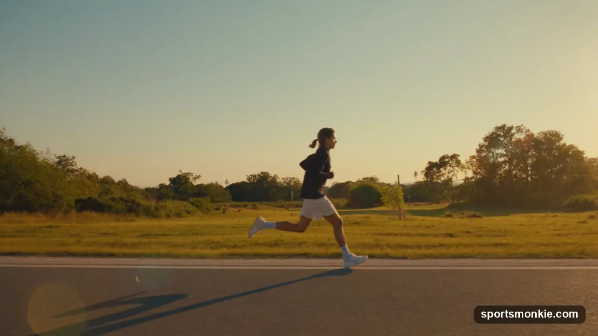 A runner checking a GPS watch mid-race while accelerating on a road course
