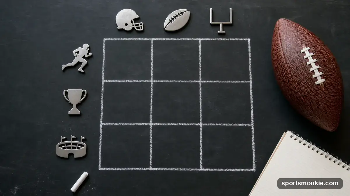 A blank 3x3 grid drawn on a chalkboard beside an American football, overhead view