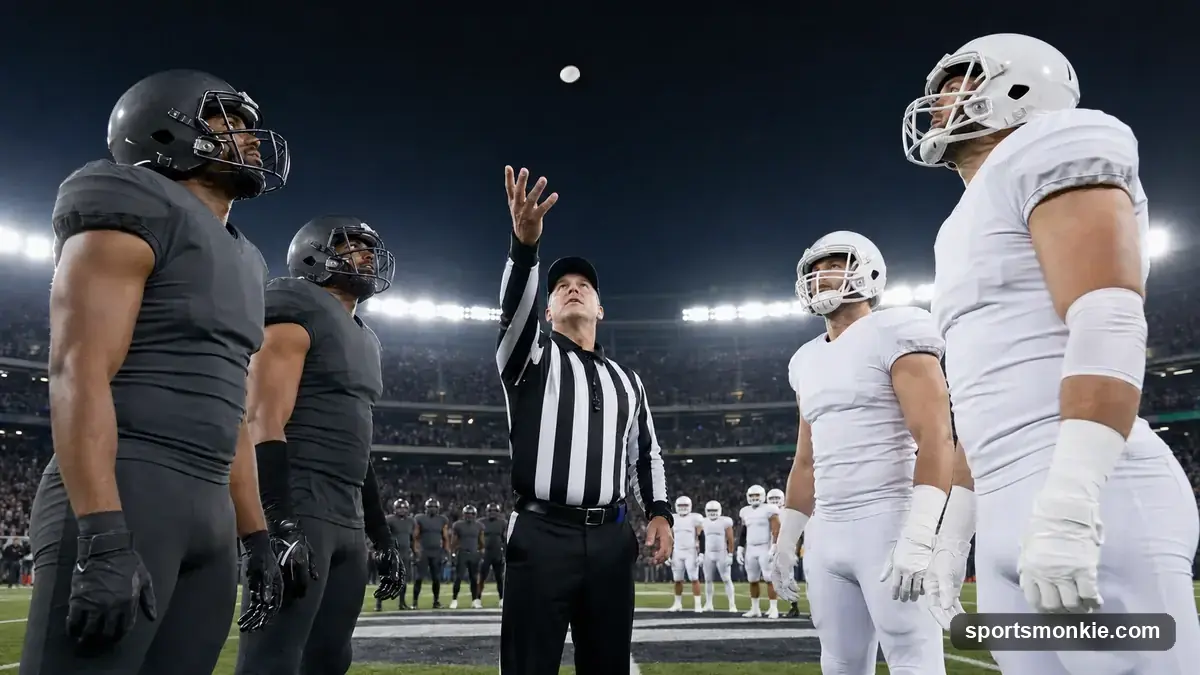 NFL referee signaling a coin toss result before a playoff overtime period under stadium lights