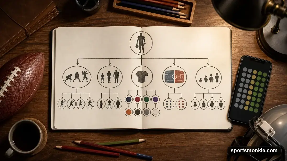 A notebook with a hand-drawn decision tree beside an American football, overhead desk view