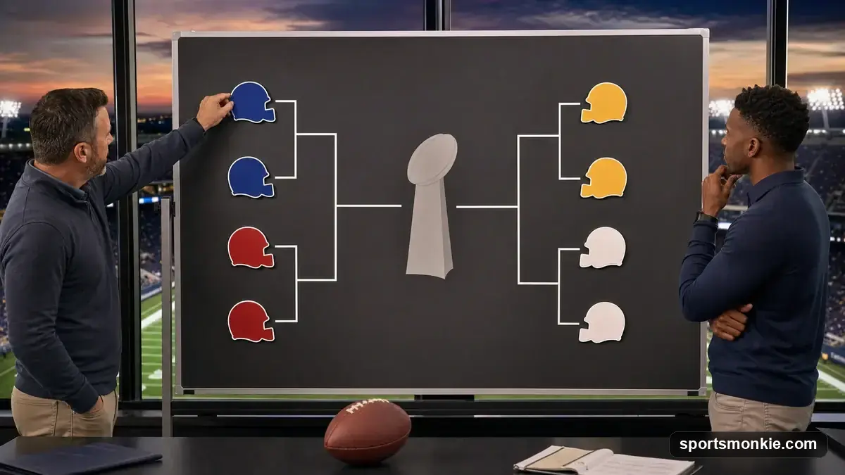 NFL playoff bracket diagram showing wild card, divisional, conference championship, and Super Bowl rounds with seeding lines