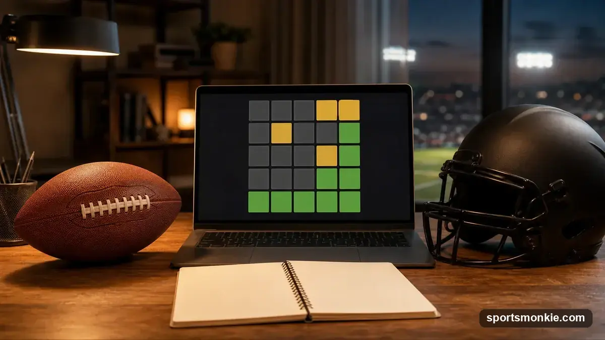 An American football on a desk beside a laptop showing a blank word-guessing grid, warm evening light