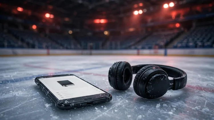 A smartphone with headphones resting on an ice rink surface showing an empty audio playlist, under red arena lights with empty seats behind, editorial graphic