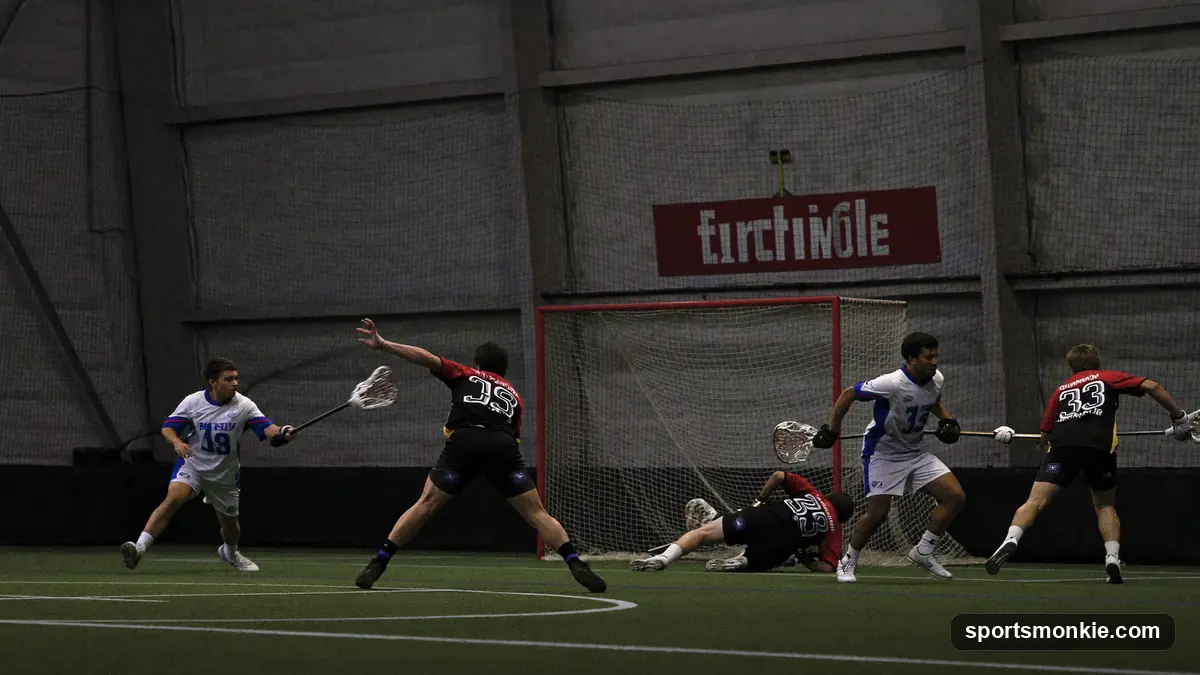 Indoor box lacrosse players competing in an enclosed arena with boards