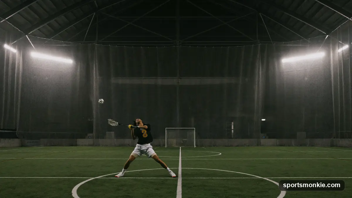 Box lacrosse player in action on an indoor arena floor during a professional game