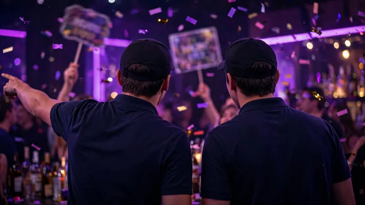 Two generic young men in plain dark polo shirts and caps seen from behind in a purple-lit nightclub with confetti in the air, one pointing off to the side while blurred party signs are held up in the background, editorial graphic