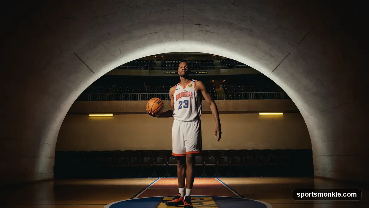 NBA draft stage with a number one jersey held up under bright lights