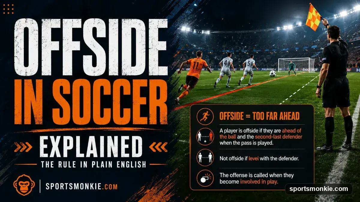 Soccer assistant referee raising the flag for offside with players on the pitch