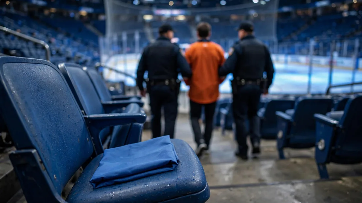 An empty blue arena seat with a folded plain blue flag left on it while two security officers escort a generic fan in an orange hockey jersey up the aisle of an ice hockey arena, editorial graphic