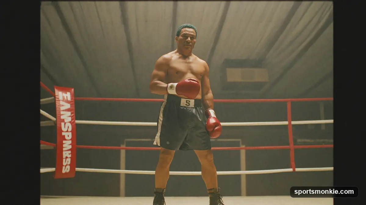 Boxing gloves resting on the ropes of a boxing ring under bright lights