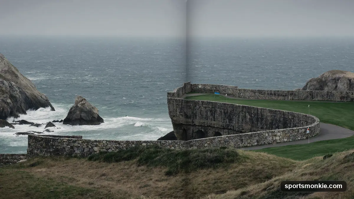 Historic seaside links course with a low stone clubhouse under overcast Scottish skies