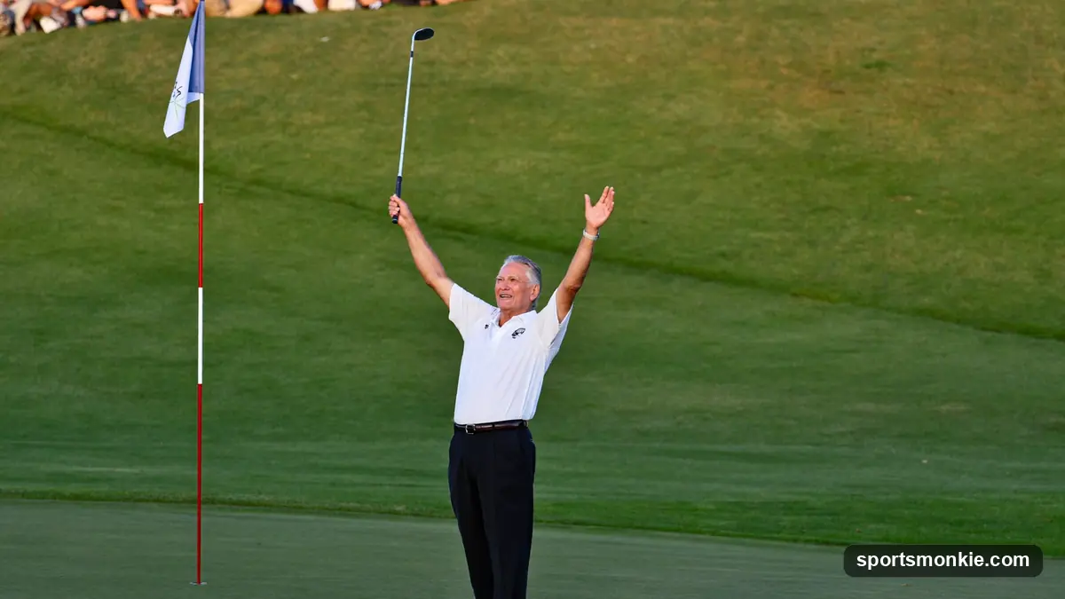 Veteran golfer celebrating a putt on the 18th green at a major championship