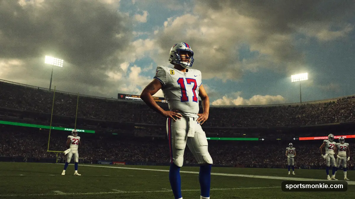 A veteran American football player standing on the field under stadium lights