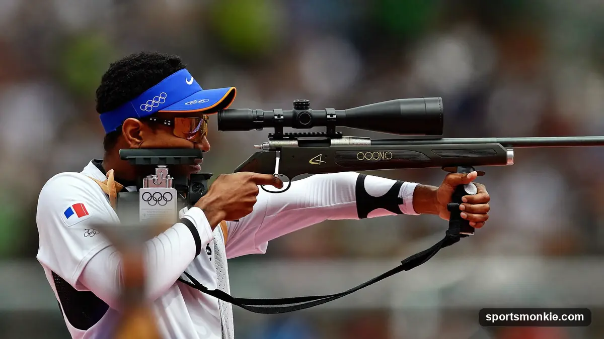 Olympic shooter taking aim with a rifle at a target range