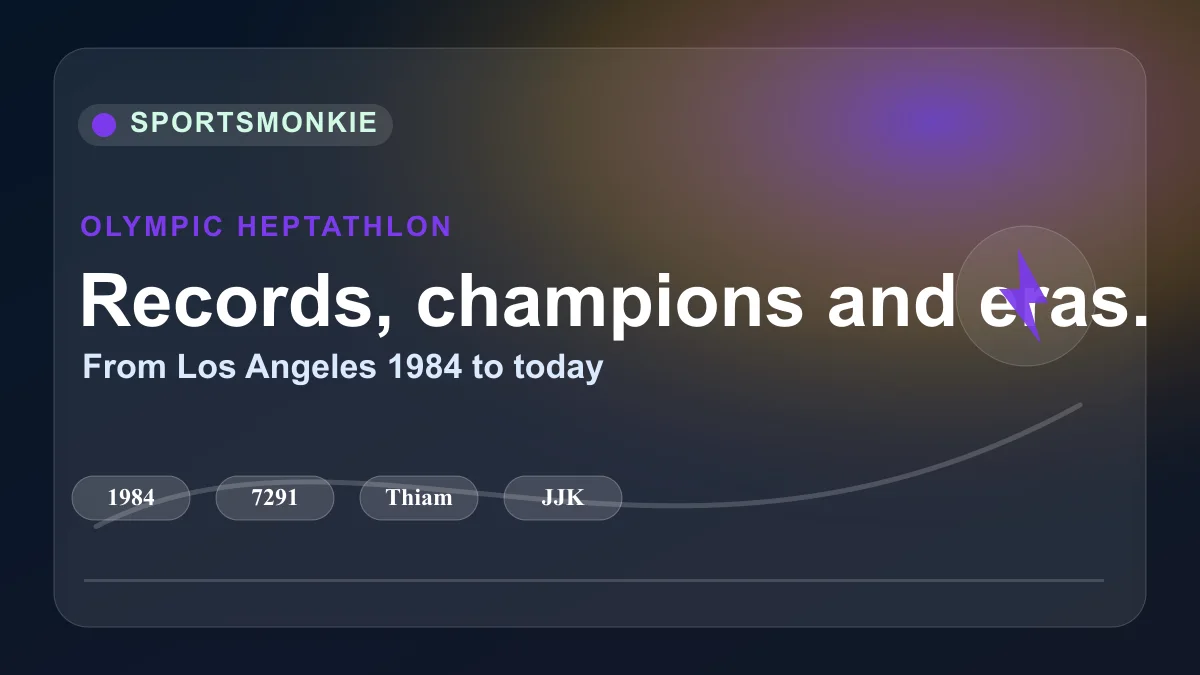 Olympic heptathlon history graphic with champions, records and seven event icons