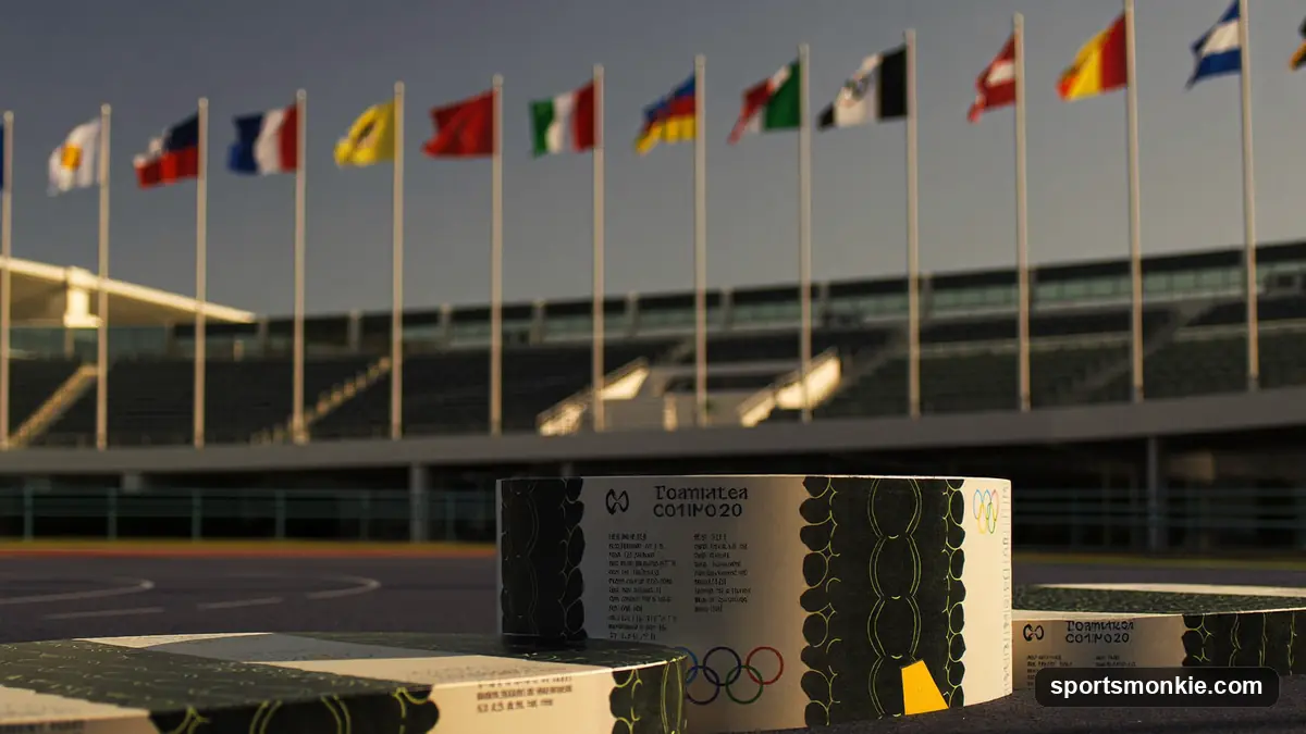 An Olympic gold medal resting on a national flag, with a stadium podium blurred in the background