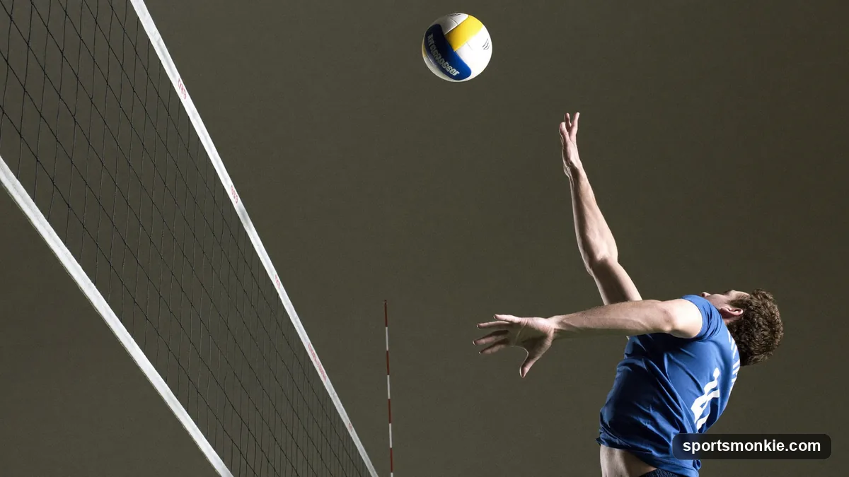 Volleyball opposite hitter attacking from the right side of the net at zone 2