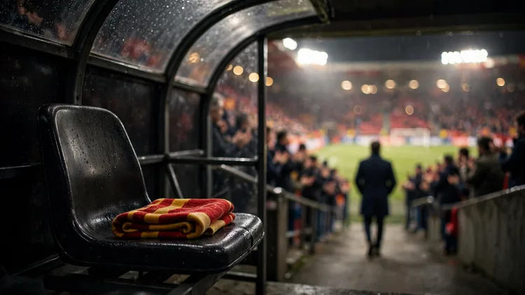 An empty manager's bench seat in a floodlit Spanish stadium with a folded scarf left on it, a returning coach walking down the tunnel in the soft-focus background, editorial graphic