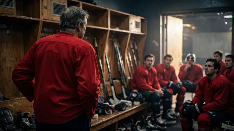 A veteran hockey captain in a plain red jersey, seen from behind, addressing seated teammates in a locker room before a game, editorial graphic
