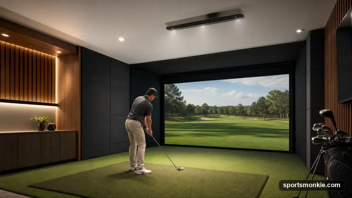 Ceiling-mounted golf launch monitor camera installed above a home simulator hitting bay