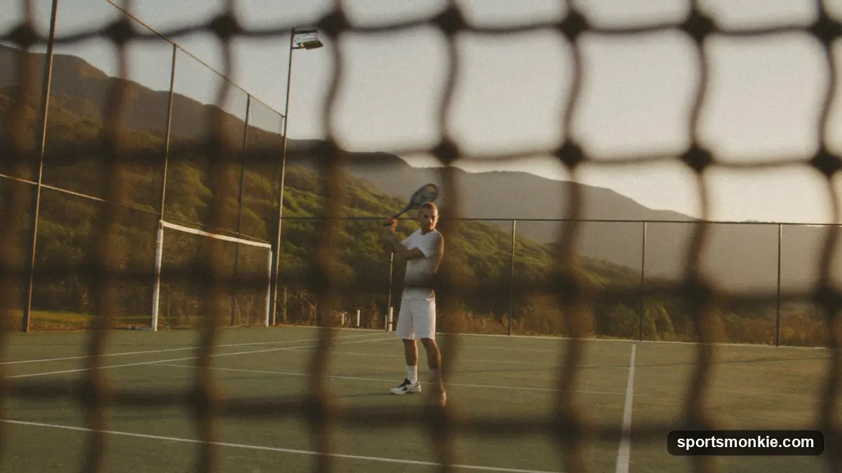 Split view of a paddle tennis court and a pickleball court with paddles and balls