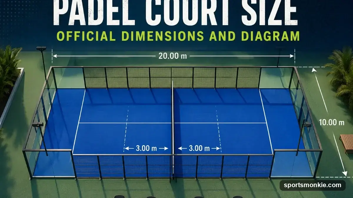 Official padel court size and dimensions diagram showing the 20m by 10m playing area