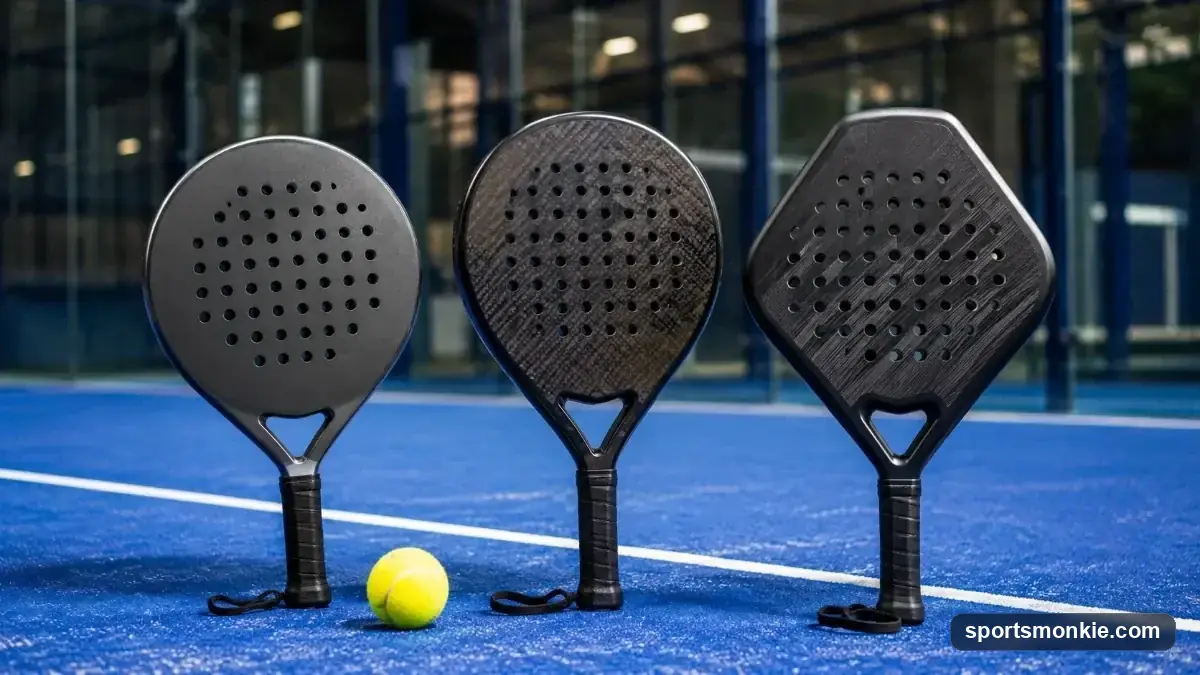 Padel rackets in round, teardrop, and diamond shapes with a padel ball on a glass-walled court