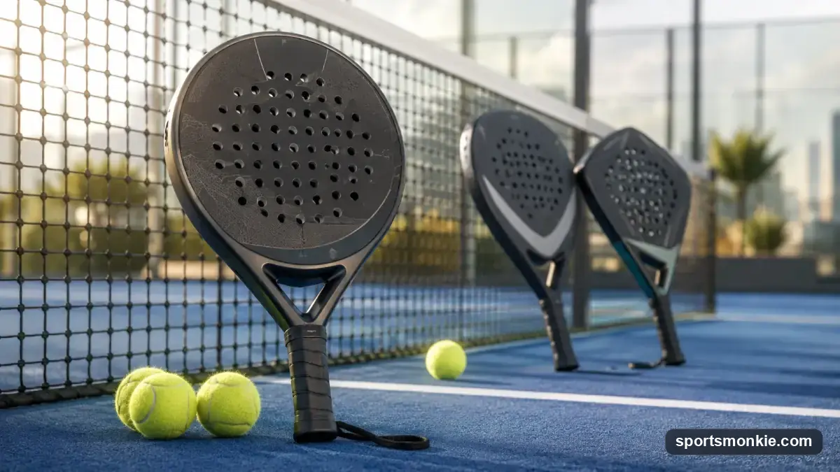 Padel rackets for beginners: a round-shaped racket and ball on a padel court