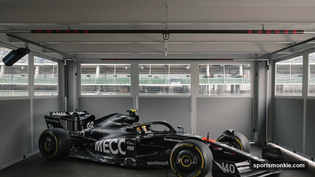 A Formula 1 car under a cover in the pit garage under parc fermé conditions after qualifying