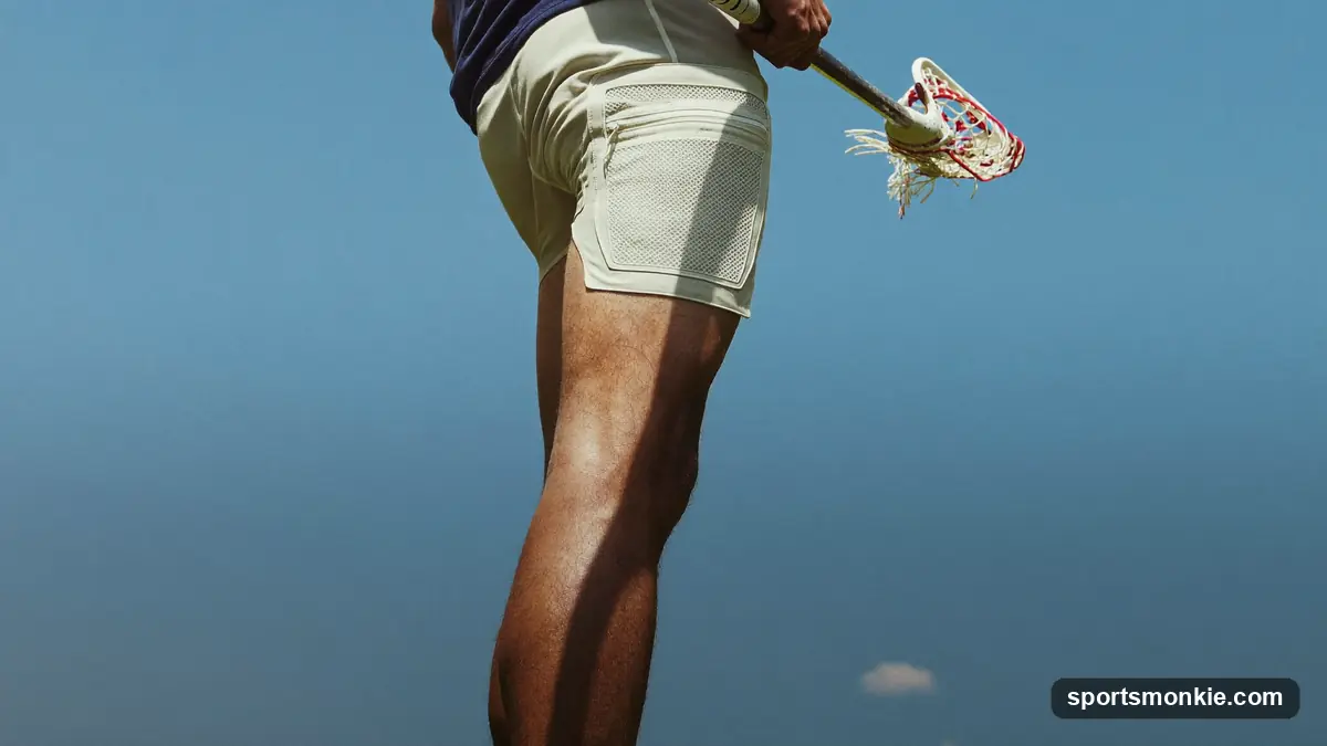 Close-up of gloved hands taping the shaft of a lacrosse stick