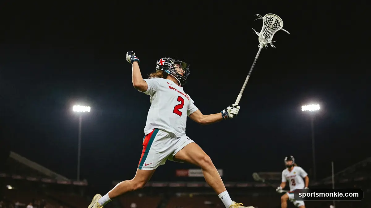 A professional lacrosse midfielder winding up for a shot under stadium lights