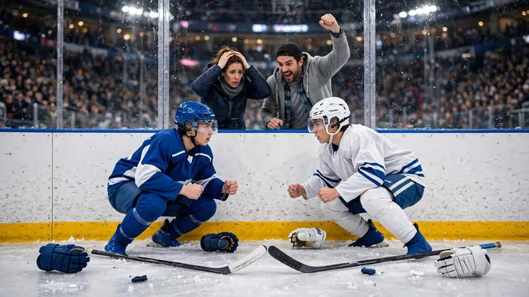 AI-generated illustration: two generic hockey players with their gloves dropped on the ice in front of the boards, while a worried mother behind the glass holds both hands on her head and a father beside her cheers. It is an illustration of the moment type, not a photograph of the Ottawa game.