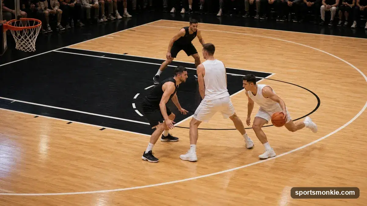 Diagram-style photo of a basketball screener setting a pick for the ball handler before rolling to the basket