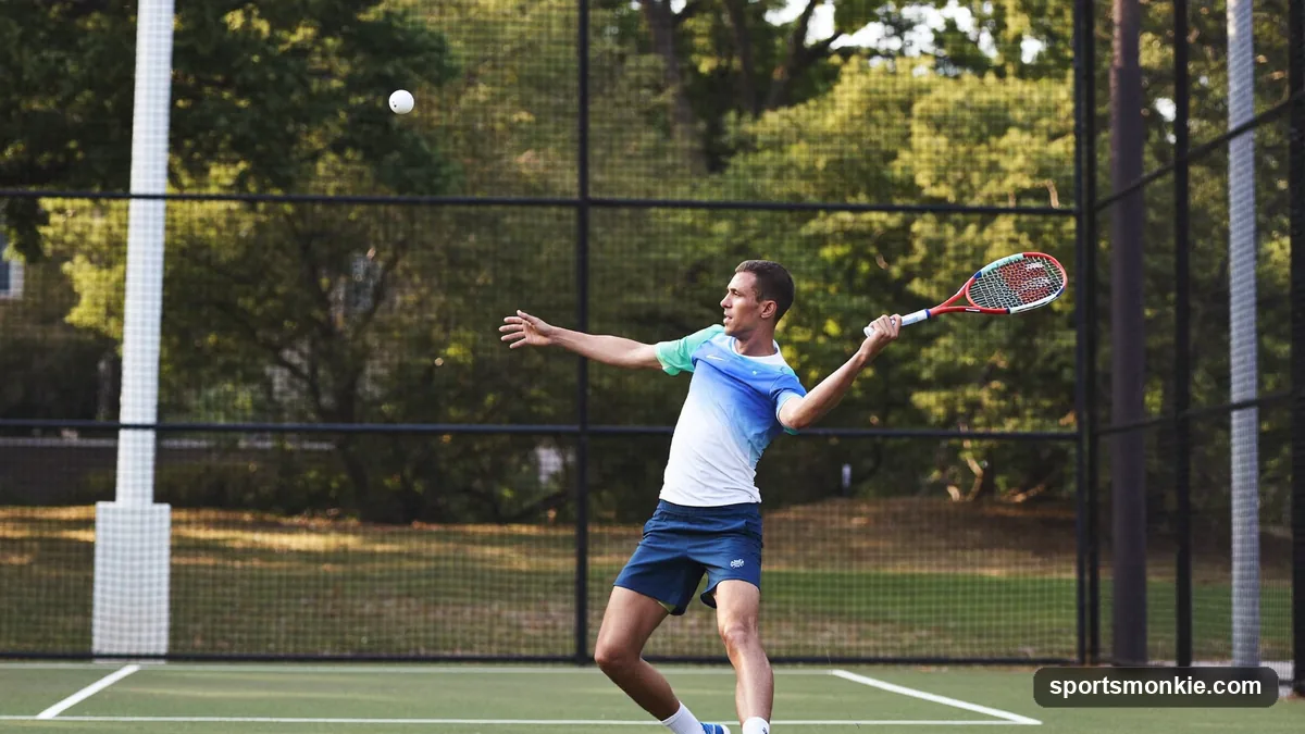 A pickleball player hitting a two-handed backhand drive from the baseline
